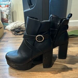 Lulu's Black Heeled Ankle Boots with Strap